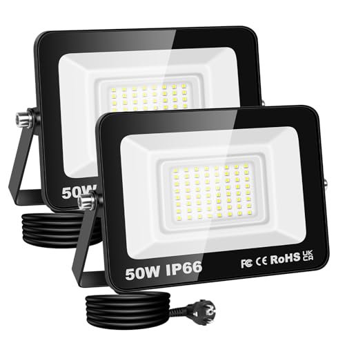 RIGIDON LED Strahler Außen & Innen mit Stecker, 2x 50W 5000LM 230V Spotlight, Fluter Scheinwerfer Flutlicht für Garten Garage Terrassen Hof, Baustellen Arbeitsstrahler, 6000K Kaltweiß Wasserdicht von RIGIDON