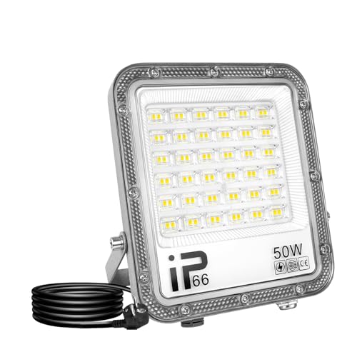 RIGIDON LED Strahler mit Stecker, 50W 5000LM LED Strahler Außen 6000K Kaltweiß IP66 Wasserdicht Außenstrahler LED Fluter Scheinwerfer Flutlicht für Garten, Garage, Sportplatz, Terrassen von RIGIDON