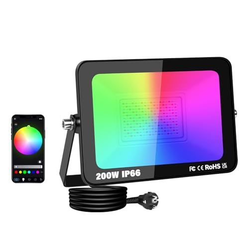 RIGIDON RGB Strahler 200W, Smart LED Flutlicht Aussenstrahler, Farbwechsel Flutlichtstrahler APP Control dimmbares Atmosphärenlicht Wasserdicht für Dekorative Bäume Landschaft Garten scheinwerfer von RIGIDON