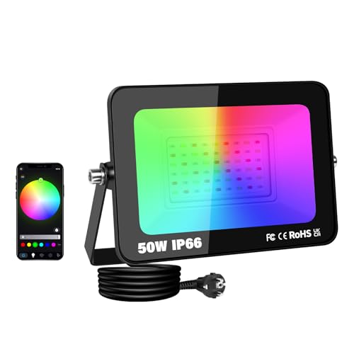 RIGIDON RGB Strahler 50W, Smart LED Flutlicht Aussenstrahler, Farbwechsel Flutlichtstrahler APP Control dimmbares Atmosphärenlicht Wasserdicht für Dekorative Bäume Landschaft Garten scheinwerfer von RIGIDON