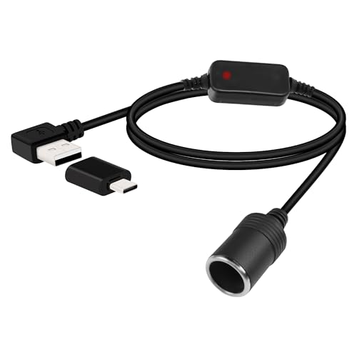 RIIEYOCA 12V USB zu Zigarettenanzünder Buchse Konverter Kabel, 5V zu 12V 90 Grad rechtwinklig USB Stecker zu Zigarettenanzünder Buchse Adapter für Dash Cam, Radar-Detektor, GPS (0,7M/2,3FT) von RIIEYOCA