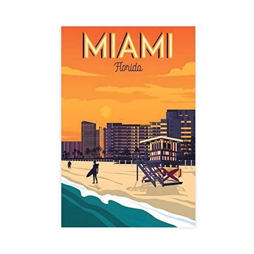 RIKCAT Leinwandposter Miami Florida Beach Vintage Poster Schlafzimmer Dekor Sport Landschaft Büro Zimmer Dekor Geschenk ungerahmt 40 x 60 cm von RIKCAT