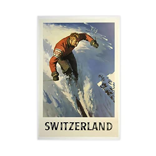 RIKCAT Schweiz Winter-Ski-Druck, Vintage-Reiseposter, Kunst, Leinwand, Poster, Wandkunst, Dekordruck, Bild, Gemälde für Wohnzimmer, Schlafzimmer, Dekoration, ungerahmt, 30 x 45 cm von RIKCAT