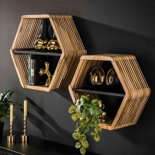 RINGO-Living Eckiges Regal Massivholz Teakholz, Hängende Kommode Hartholz Metallumrandung, Wandregal Blumentopf Ablage mit Stauraum, Küchenregal Rund, Designer Wandregal Eckig Echtholz von RINGO-Living