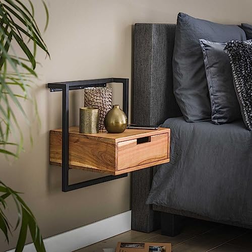 RINGO-Living Massivholz Nachttisch Kaia Hängend - Metall & Holz Mit Schublade & Fach, Dunkelbraunes Regal Mit Schwarzem Metall Rahmen, Schlafzimmer Wandregal Schwebend von RINGO-Living
