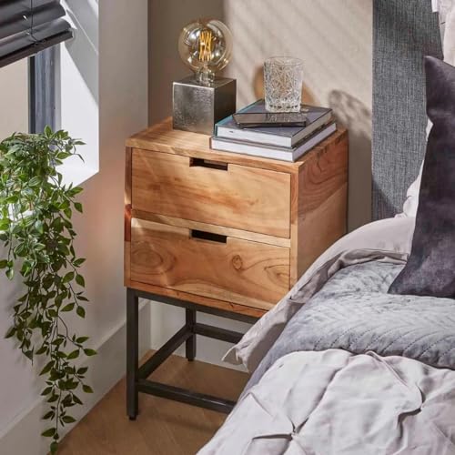 RINGO-Living Massivholz Nachttisch Mit Ablage & 2 Schubladen, Akazie Stauraum Industrial Style, Nachtschrank Used Look, Holz Metall Echtholz von RINGO-Living