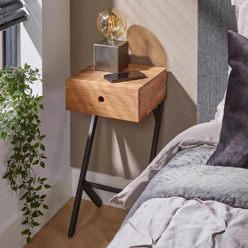 RINGO-Living Massivholz Nachttisch mit Ablage & Schublade, Akazie Stauraum Nachttisch Industrial Style, Nachtschrank, Nachttisch Used Look Style, Nachttisch Holz Metall, Nachttisch Echtholz von RINGO-Living