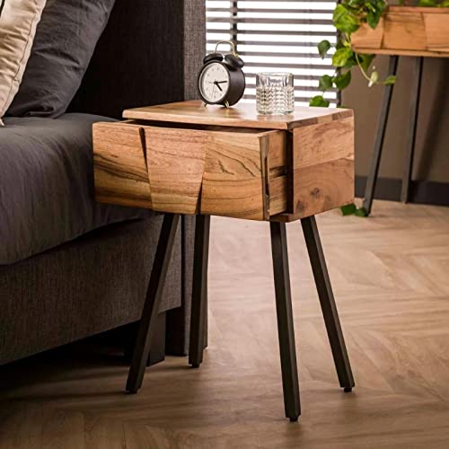 RINGO-Living Massivholz Nachttisch mit Schublade Neolani, Stauraum Nachttisch Industrial Style, Wohnzimmertisch 60 cm hoch, Wohnzimmertisch Industrie Style, Nachttisch Holz & Metall, Nachttisch braun von RINGO-Living