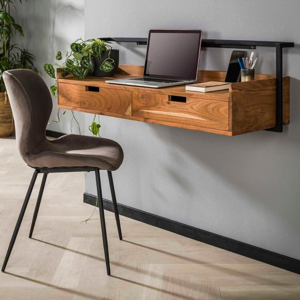 RINGO-Living Massivholz Schreibtisch Lolei mit 2 Schubladen in Natur-dunkel und Schwarz-matt von RINGO-Living