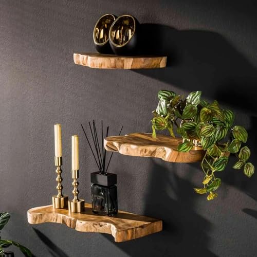 RINGO-Living Massivholz Schweberegal Baumkante in Natur-dunkel, Wandregale 3er Set 40 cm, Landhaus Wandregal aus Teakholz, Schlichtes Wandregal Holz, Massiv Natur Holzbrett Wand Echtholz von RINGO-Living