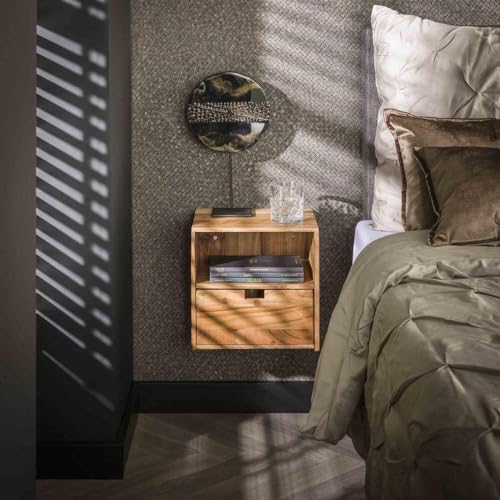RINGO-Living Nachttisch 2er Set mit Schublade & Ablage - Vintage Nachtschrank 2er Set aus Massivholz - Akazienholz Natur Tisch zum einhängen für Dein Bett - Schmale Nachtkommode für Boxspringbett von RINGO-Living
