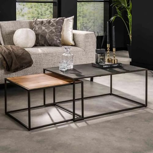 RINGO-Living Sofa Couchtisch Industrial Style 2er Set Beistelltische Metall Echtholz, eckiger Couch Tisch Schwarz & Natur Dunkel, moderner Couchtisch Eckig Massivholz Wohnzimmertisch, Satztisch von RINGO-Living
