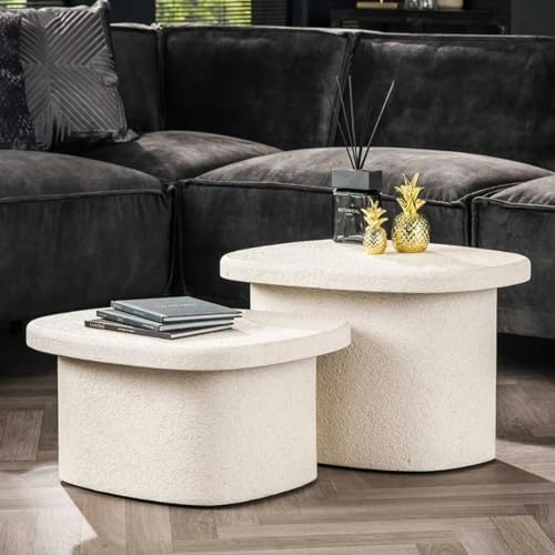 RINGO-Living Sofa Couchtisch aus Stein Industrial Style 2er Set Beistelltische Vintage, runder Couch Tisch Beige, moderner Wohnzimmertisch, modern Satztisch Steintisch Naturstein Marmor-Verbundstoff von RINGO-Living