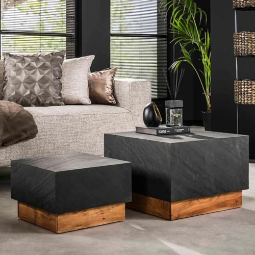 RINGO-Living Sofa Schiefer Couchtisch Industrial Style 2er Set Beistelltische Echtholz, eckiger Couch Tisch Schiefergrau & Natur Dunkel moderner Couchtisch Eckig Massivholz Wohnzimmertisch Satztisch von RINGO-Living