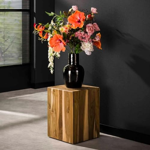 RINGO-Living Teakholz Pflanzen Tisch Zola Beistelltisch 45cm, Industrial Pflanzen Hocker, Blumentopf Ständer für Wohnzimmer, Pflanztisch Holz, Pflanzenständer Säule, Blumenständer Massivholz Echtholz von RINGO-Living