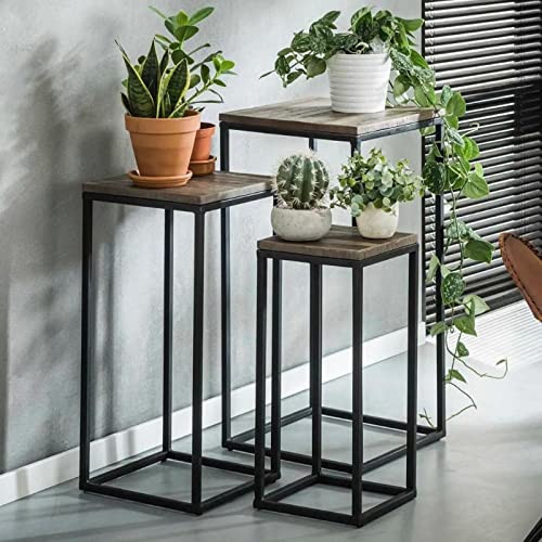 RINGO-Living Teakholz & Metall Pflanzen Tisch 3er Set, Industrial Pflanzen Hocker, Blumentopf Ständer für Ihr Wohnzimmer, Pflanztisch Metall & Holz, Pflanzenständer Säule, Blumenständer 3er Set von RINGO-Living