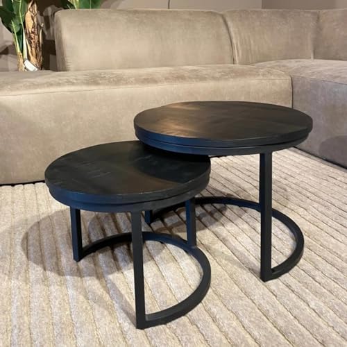 RINGO-Living Wohnzimmertisch rund Mangoholz Metall in Schwarz - 50cm Holztisch 2er Set Vintage, Sofa Tisch Couchtisch rund Beistelltisch Holz, Coffee Table Sofatisch Retro Holz Couchtisch Retro von RINGO-Living