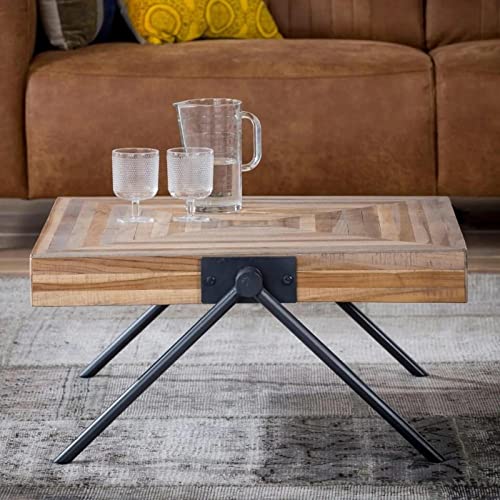 RINGO-Living eckiger Massivholz Couchtisch Industrial Style Sagara aus Teakholz, 70x70cm, Natur-dunkler Wohnzimmertisch viereckig mit schwarz-matten Metallbeinen, Holztisch Wohnzimmer Braun & Schwarz von RINGO-Living