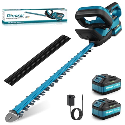 Heckenschere, Profi Akku-Heckenschere mit 2X 21V/4000mAh Akkus und Ladegerät, Heckenschere Elektrisch mit Hecken & Strauchschere mit 52cm Schnittlänge, Bürstenlosem Motor, Schnittdurchmesser 15 mm von RINOXAR professional