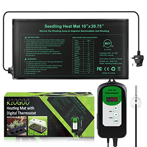 RIOGOO 24 x 52 cm Sämling-Wärmematte und Thermostat-Controller, 20–42 °C, digitaler Thermostat-Controller, IP68, wasserdicht (beheizte Matte + Thermostat-Controller) von RIOGOO