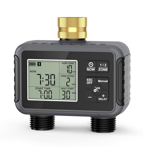 RIOGOO Gartenschlauch-Wasserhahn-Timer, programmierbarer Sprinkler-Timer mit Regenverzögerung, automatisches Tropfbewässerungssystem und Rasenbewässerungssystem für den Garten(2 Outlet) von RIOGOO