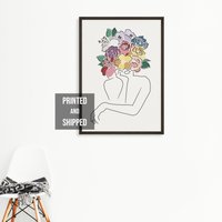 Afro Frau Line Art Print, Mit Blumen, Kopf Der Blumen Kunstdruck, Blumenkopf, Minimal Linie Zeichnung von RIOGRAPHIC