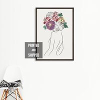 Blumen Kopf Kunst, Line Art Frau Mit Blumen, Der Kunstdruck, Blumenkopf, Minimal Linie Zeichnung von RIOGRAPHIC
