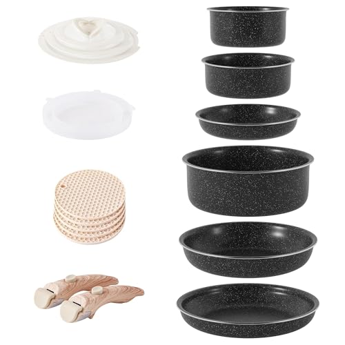 RIOVARM Induktion Töpfe und Pfannen Set mit abnehmbaren Griffen, Antihaft Granit Stapelbar Kochgeschirr-Set mit Silikon Deckeln, Platzsparend Topf- & Pfannensets ohne PFOA, Bratpfanne, Casseroles von RIOVARM
