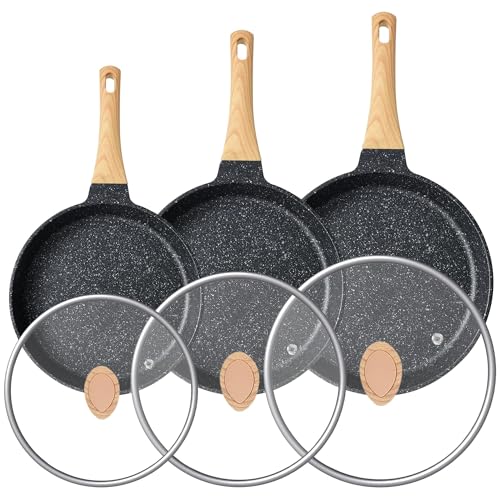 RIOVARM Antihaftbeschichtung Bratpfannen Set mit Deckeln Induktion Pfannenset mit hitzebeständigen Griffen Granit Omelett Pfanne ohne PFOA Marmor Kochgeschirr Set Klein Eierpfannen Set 20cm 24cm 28cm von RIOVARM