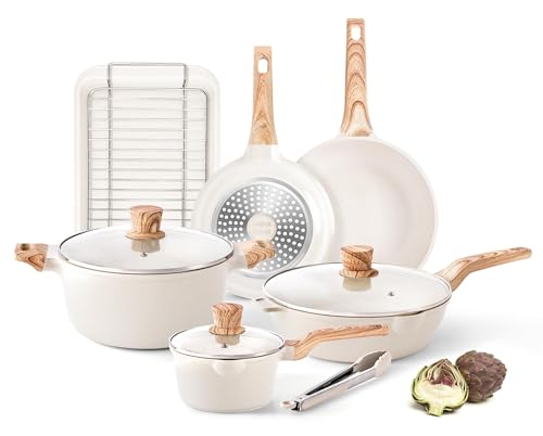 RIOVARM Induktion Töpfe und Pfannen Set, Antihaft beschichtung Granit Kochgeschirr-Set mit Deckeln, PFOA-frei Kochgeschirr-Set mit Holzmaserungs-Griff, Bratpfanne, Casserole, Backform von RIOVARM
