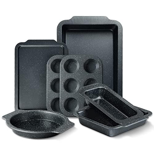 RIOVARM Granit Antihaft Backformen Set 7 PCS-Backformen-Sets Backbleche für Backofen Backen Set Backblech Kuchenform Laib Pfanne Brotbackform Muffinform Cupcake-Blech Bratpfanne Bäckereibedarf von RIOVARM