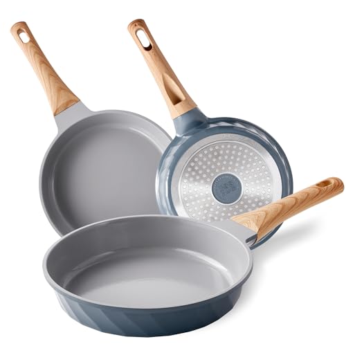 RIOVARM Induktion Antihaft Pfannenset Keramik beschichtung Bratpfannen-Set 20cm 24cm 28cm Omelett-Pfannen mit Holzmaserung Bakelit Griffe Gesundes Kochgeschirr-Set ohne PFOS, PFOA, PTFE Eierpfannen von RIOVARM