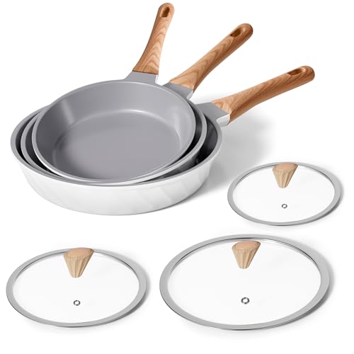 RIOVARM Induktion Antihaft Pfannenset mit Deckeln Keramik beschichtung Bratpfannen-Set 20cm 24cm 28cm Omelett-Pfannen mit Holzmaserung Bakelit Griffe Gesundes Kochgeschirr-Set ohne PFOS, PFOA, PTFE von RIOVARM
