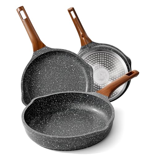 RIOVARM Induktion Bratpfannen Set Antihaft Pfannenset 20 cm 24 cm 28 cm Granit Omelett Pfanne ohne PFOA Marmor Kochgeschirr-Set mit hitzebeständigem Griff Geeignet für verschiedene Herdarten von RIOVARM
