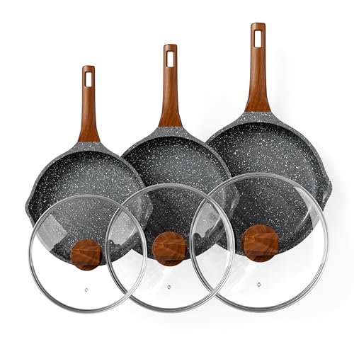 RIOVARM Induktion Pfannenset mit Deckeln Antihaft Bratpfannen Set 20 cm 24 cm 28 cm Granit Omelett Pfanne ohne PFOA Kochgeschirr-Set mit hitzebeständigem Griff Geeignet für verschiedene Herdarten von RIOVARM