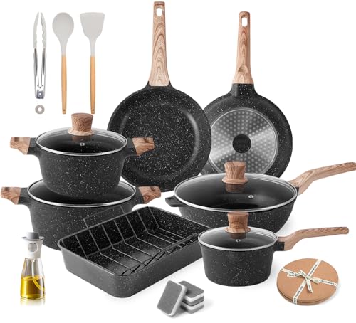 RIOVARM Induktion Töpfe und Pfannen Set mit Deckeln Granit Antihaftbeschichtung Kochgeschirr-Set mit Bratpfanne Marmor Stein Küche Essentials Set Bratpfanne Kochtopf Sauteuse Soßenpfanne Spatel von RIOVARM