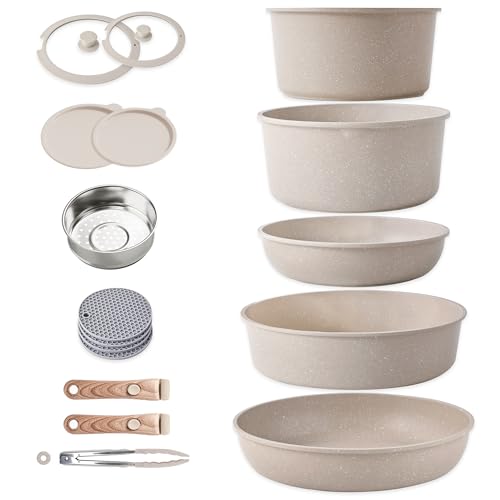 RIOVARM Induktion Töpfe und Pfannen Set mit abnehmbaren Griffen, Antihaft Granit Stapelbar Kochgeschirr-Set mit Silikon Deckeln, Platzsparend Topf- & Pfannensets ohne PFOA, Bratpfanne, Casseroles von RIOVARM