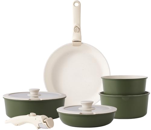 RIOVARM Induktion Töpfe und Pfannen Set mit abnehmbaren Griffen, Antihaft Granit Stapelbar Kochgeschirr-Set mit Silikon Deckeln, Platzsparend Topf- & Pfannensets ohne PFOA, Bratpfanne, Casseroles von RIOVARM