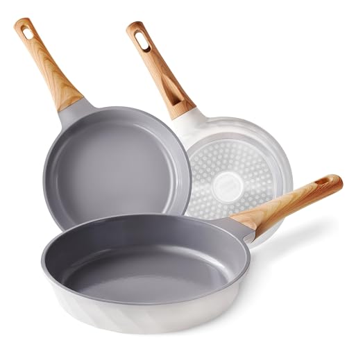 RIOVARM Keramik Antihaft beschichtung Bratpfannen-Set Induktion Pfannenset 20cm 24cm 28cm mit Holzmaserung Bakelit Griffe Gesundes Kochgeschirr-Set ohne PFOS, PFOA, PTFE Eierpfannen Omelett-Pfannen von RIOVARM