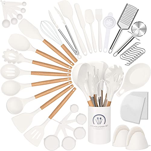 RIOVARM Silikon-Kochutensilien-Set Antihaftbeschichtung Küchenutensilien Set mit Halterung Küchenutensilien Pizzaschneider Silikon-Schneebesen Spatel Messbecher und Löffel Set Kochwerkzeug-Set von RIOVARM