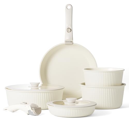 RIOVARM Induktion Töpfe und Pfannen Set mit abnehmbaren Griffen, Antihaft Granit Stapelbar Kochgeschirr-Set mit Silikon Deckeln, Platzsparend Topf- & Pfannensets ohne PFOA, Bratpfanne, Casseroles von RIOVARM