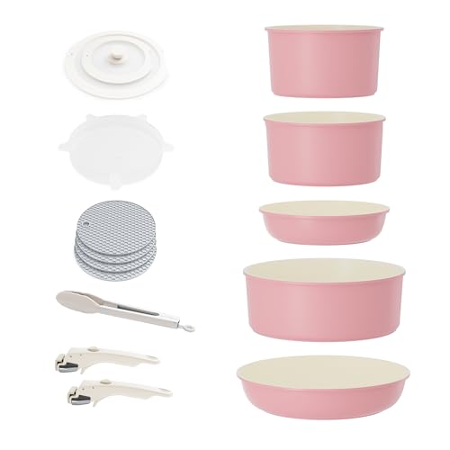 RIOVARM Induktion Töpfe und Pfannen Set mit abnehmbaren Griffen, Antihaft Granit Stapelbar Kochgeschirr-Set mit Silikon Deckeln, Platzsparend Topf- & Pfannensets ohne PFOA, Bratpfanne, Casseroles von RIOVARM