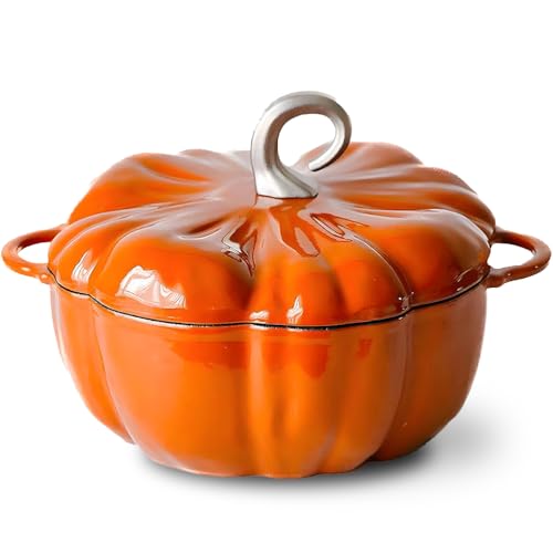 RIQHTIK Dutch Oven aus Gusseisen mit Kürbis-Motiv, 4 qt Cocotte in Kürbisform, Dutch Oven mit Deckel, Suppentopf – für 3–5 Personen, dekoratives Geschenk zu Halloween von RIQHTIK