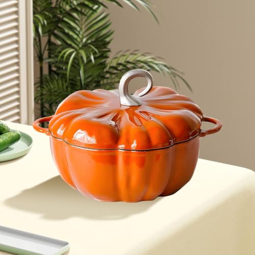 RIQHTIK Dutch Oven mit Kürbis-Design, 4 QT, Dutch Oven mit Deckel, Gusseisentopf mit weißer Emaille, Kochofen in Cushaw-Form, für 3–5 Personen von RIQHTIK