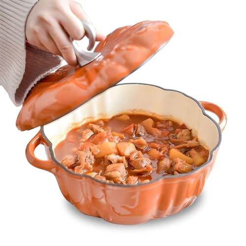 RIQHTIK Kürbis-Dutch-Oven-Topf mit Deckel, 4 qt Kürbis-Dutch-Oven aus Gusseisen zum Brotbacken, orangefarbener Dutch Oven aus emailliertem Gusseisen mit Griffen von RIQHTIK