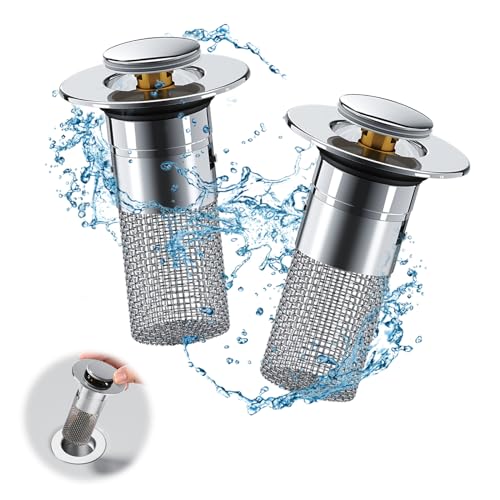 RISAKOGO 2-in-1 Waschbeckenstöpsel mit Abflusssieb, 2 STK, Silber, Universell für 33-35mm Abfluss, Haarsieb, Wasserhalt und Ablassmodus, Bad, Küche, Badewann von RISAKOGO