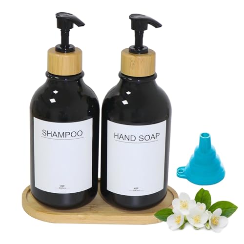 2er Seifenspender Set,500ml Spülmittelspender Badezimmer Set mit Tablett und Wasserfesten Etiketten Shampoo Lotion Handseifenspender für Bad und Küche(Black) von RISAKOGO