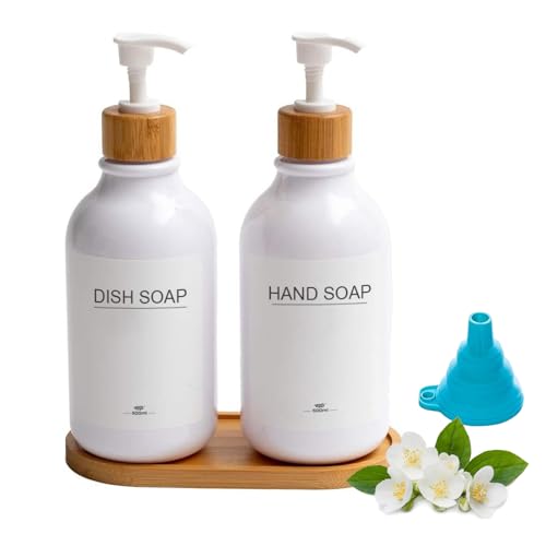 2er Seifenspender Set,500ml Spülmittelspender Badezimmer Set mit Tablett und Wasserfesten Etiketten Shampoo Lotion Handseifenspender für Bad und Küche(White) von RISAKOGO