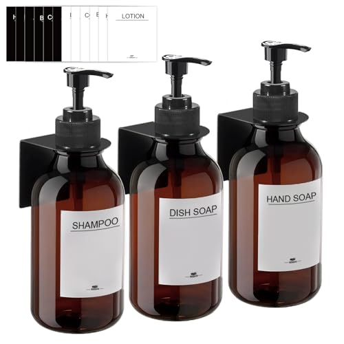RISAKOGO Seifenspender Wandbefestigung Ohne Bohren,3er Set 500ml Seifenspender Wand Braun Schampoospender Dusche Spülmittelspender Shampoo Spender für Küche Bad von RISAKOGO