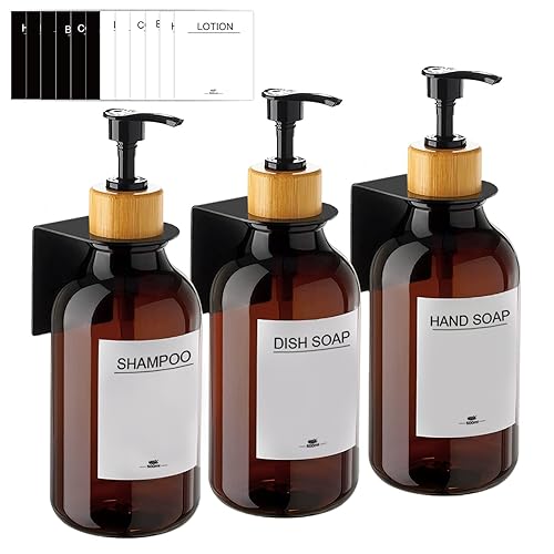 RISAKOGO Seifenspender Wandbefestigung Ohne Bohren,3er Set 500ml Seifenspender Wand Braun Schampoospender Dusche Spülmittelspender Shampoo Spender für Küche Bad von RISAKOGO